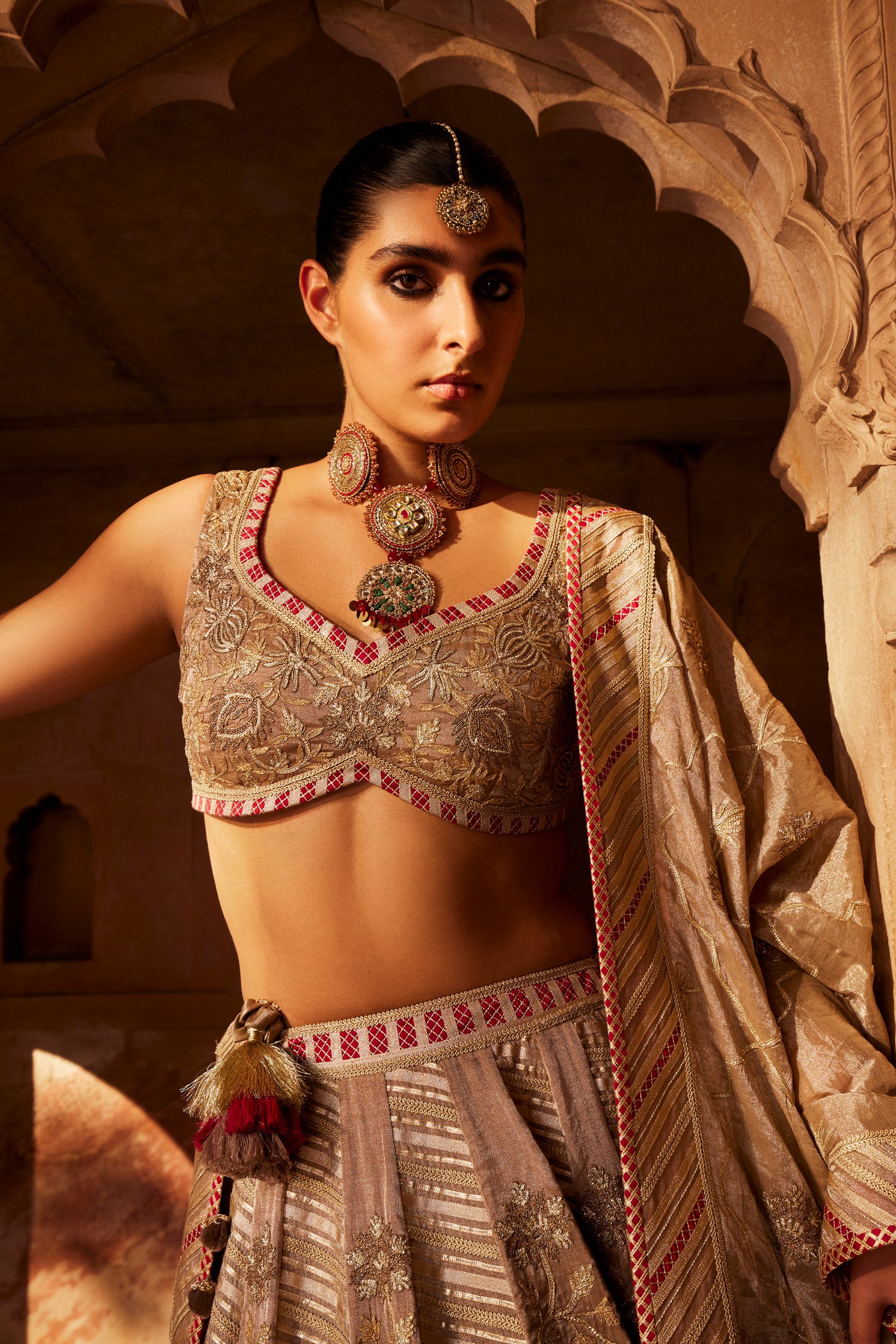 Simar Dugal Anaar Gota Lehenga Bronze indian designer wear online shopping melange singapore