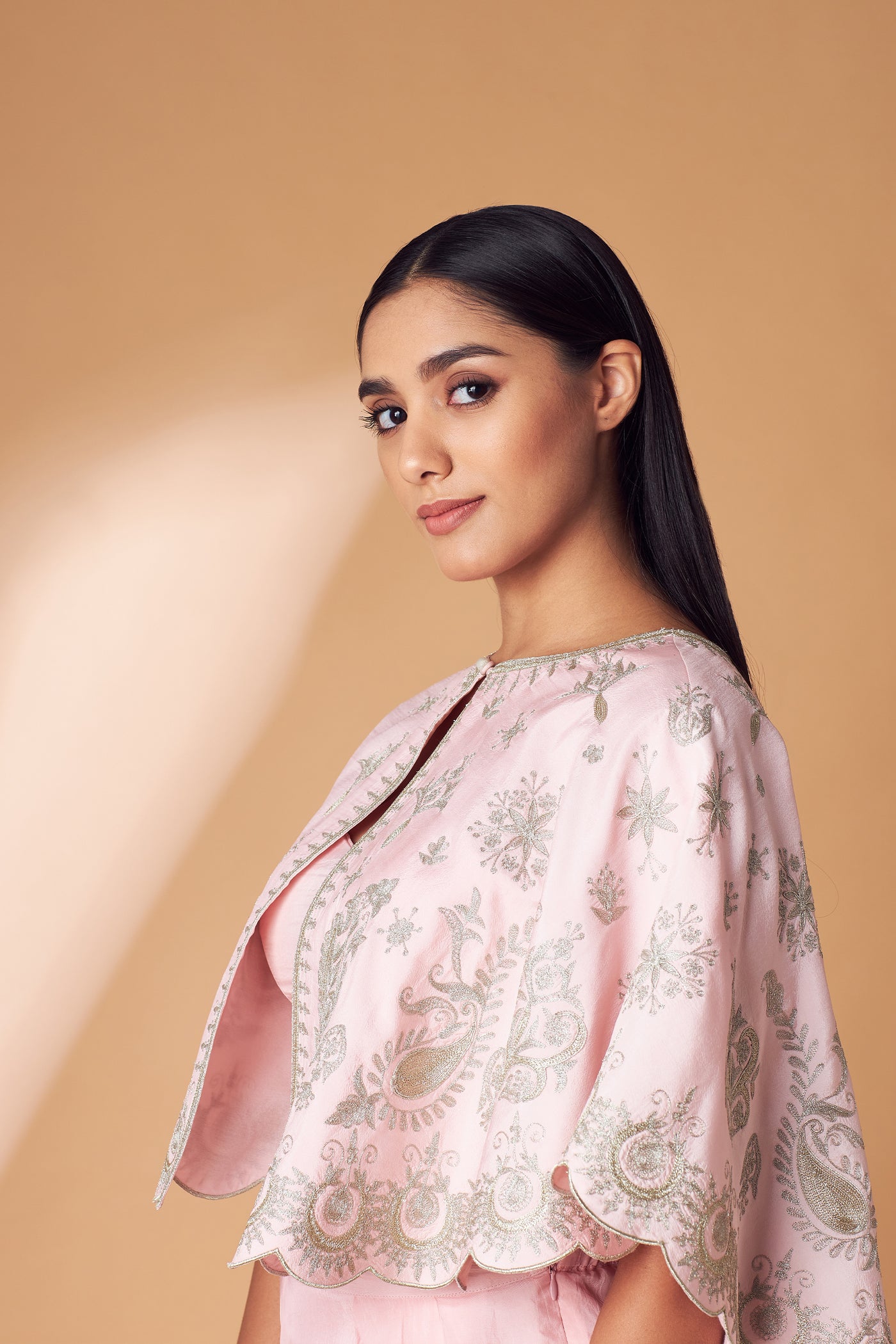 Simar Dugal Cape With Inner Blouse And Pants Light Pink indian designer wear online shopping melange singapore