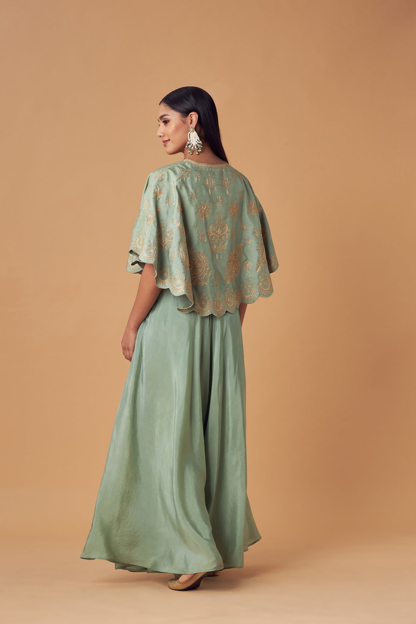 Simar Dugal Cape With Inner Blouse And Pants Sea Green indian designer wear online shopping melange singapore