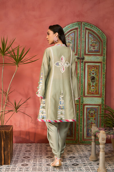 Simar Dugal Ikat Applique A-line Kurta with Dhoti Pants Seagreen indian designer wear online shopping melange singapore