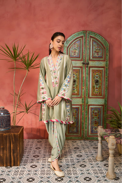 Simar Dugal Ikat Applique A-line Kurta with Dhoti Pants Seagreen indian designer wear online shopping melange singapore