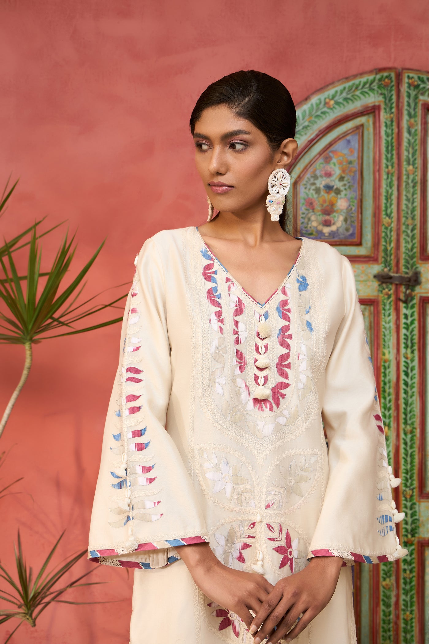 Simar Dugal Ikat Applique Long Kurta With Pants Ivory indian designer wear online shopping melange singapore