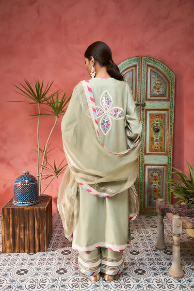 Simar Dugal Ikat Applique Long Kurta With Pants Seagreen indian designer wear online shopping melange singapore