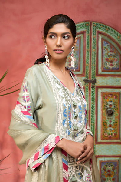 Simar Dugal Ikat Applique Long Kurta With Pants Seagreen indian designer wear online shopping melange singapore