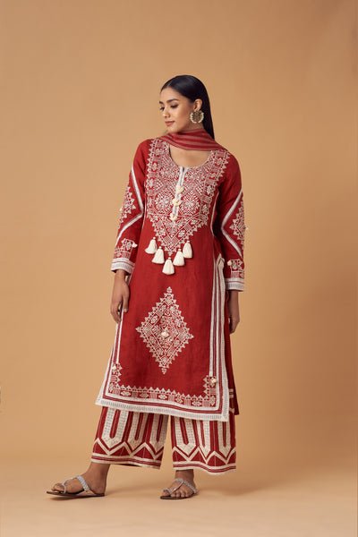 Simar Dugal Jessica Long Kurta With Pants Red indian designer wear online shopping melange singapore