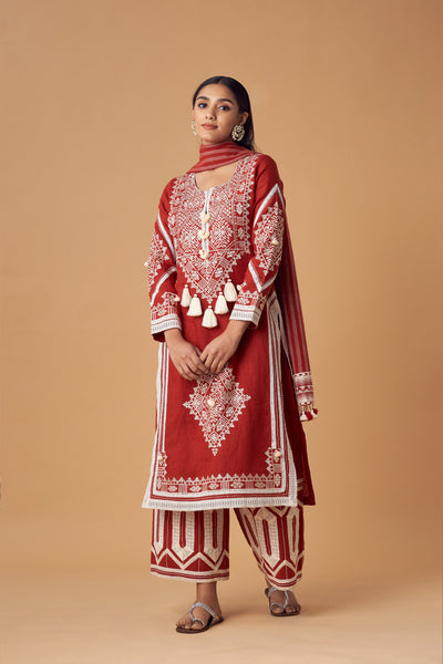 Simar Dugal Jessica Long Kurta With Pants Red indian designer wear online shopping melange singapore