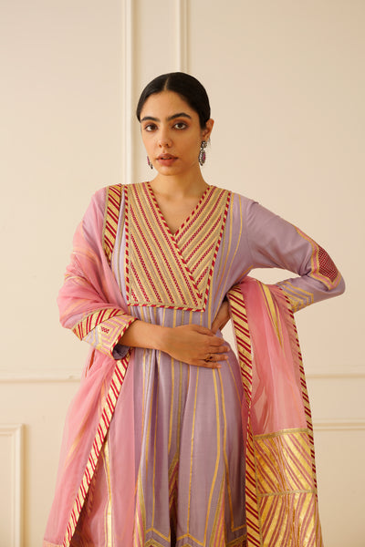 Simar Dugal Colourblock Anarkali With Wide Pants Lavender With Light Pink And Dark Pink indian designer wear online shopping melange singapore