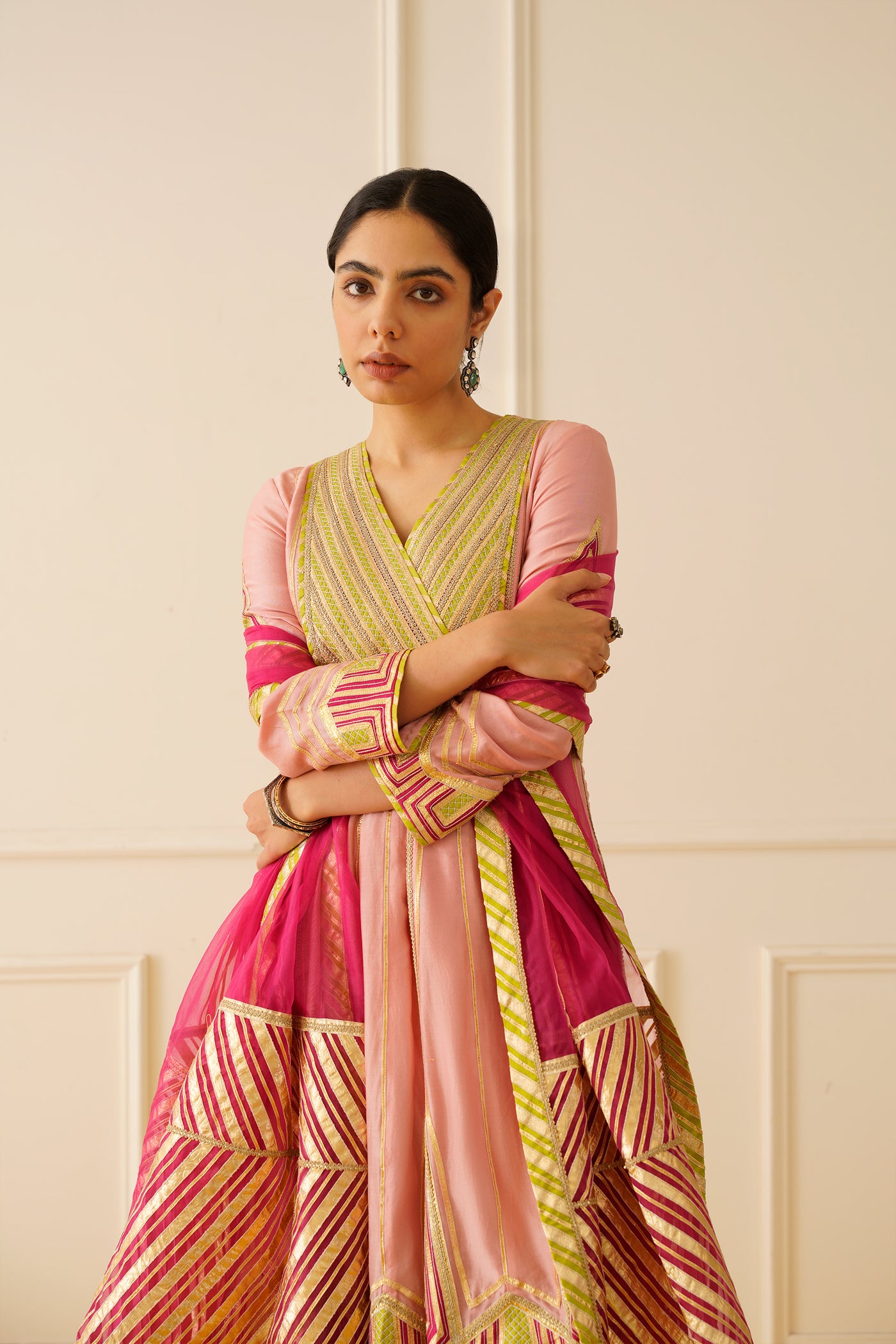 Simar Dugal Colourblock Anarkali with Wide Pants Pink with Lime Green indian designer wear online shopping melange singapore