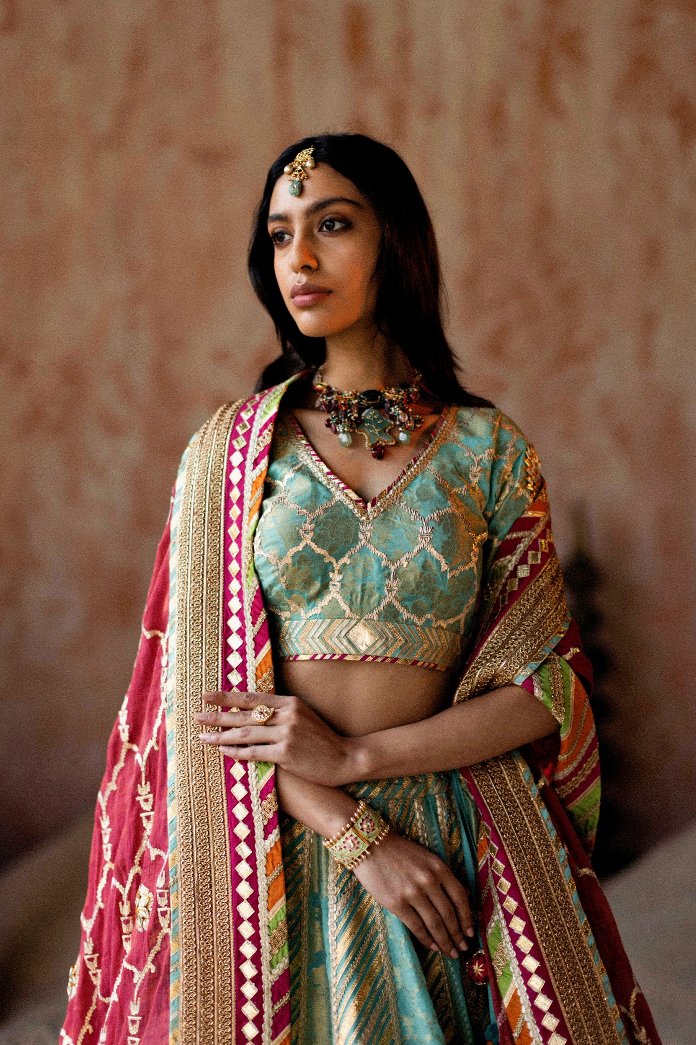 Simar Dugal Leheriya Gota Lehenga Cyan With Rose Pink indian designer wear online shopping melange singapore