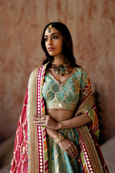 Simar Dugal Leheriya Gota Lehenga Cyan With Rose Pink indian designer wear online shopping melange singapore