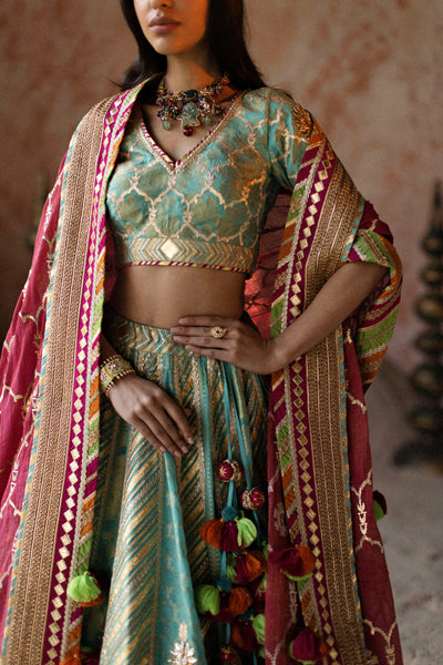Simar Dugal Leheriya Gota Lehenga Cyan With Rose Pink indian designer wear online shopping melange singapore