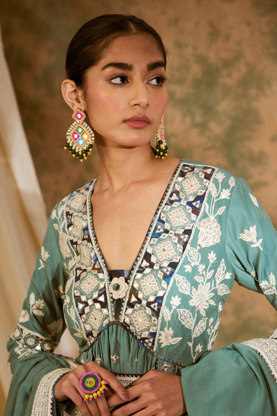 Simar Dugal Meher V-neck Kurta With Pants Green indian designer wear online shopping melange singapore