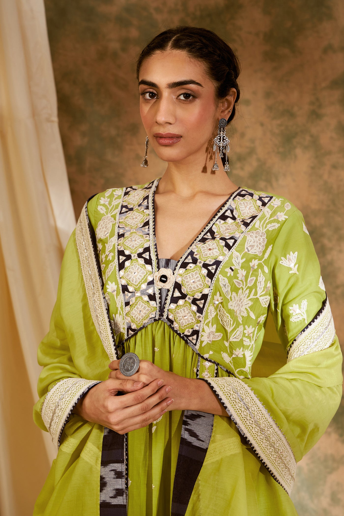 VSimar Dugal Meher V-neck Kurta With Pants Lime Green indian designer wear online shopping melange singapore