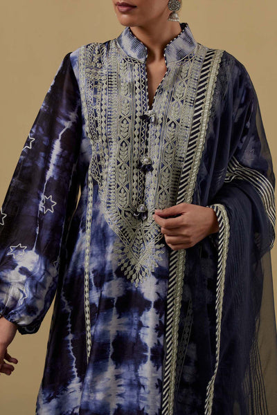 Nakshi Clamp Balloon Sleeved Long Kurta With Pants Navy Blue