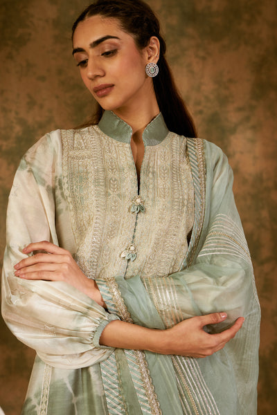Simar Dugal Nakshi Clamp Balloon Sleeved Long Kurta With Pants Sea Green indian designer wear online shopping melange singapore
