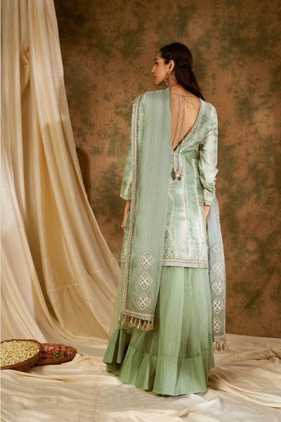 Simar Dugal Nakshi Clamp V-neck Short A-line Kurta With Sharara Sea Green indian designer wear online shopping melange singapore