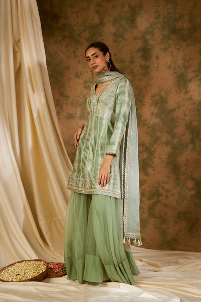 Simar Dugal Nakshi Clamp V-neck Short A-line Kurta With Sharara Sea Green indian designer wear online shopping melange singapore