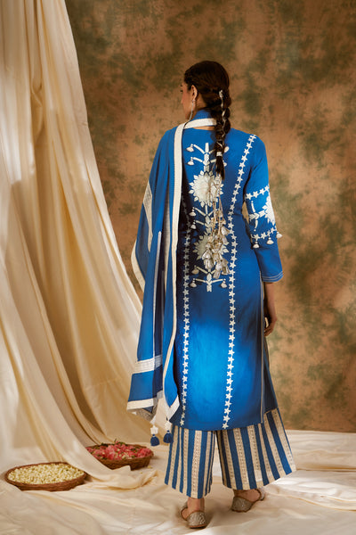Simar Dugal Sunflower Long Kurta With Pants Electric Blue indian designer wear online shopping melange singapore