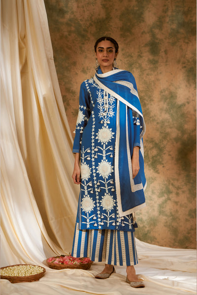 Simar Dugal Sunflower Long Kurta With Pants Electric Blue indian designer wear online shopping melange singapore