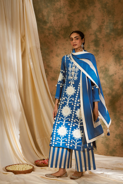 Simar Dugal Sunflower Long Kurta With Pants Electric Blue indian designer wear online shopping melange singapore