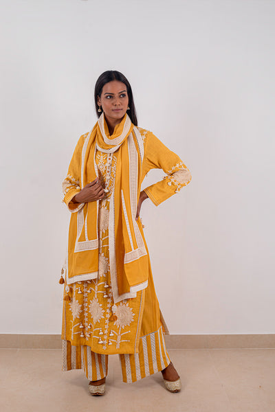 Simar Dugal Sunflower Long Kurta With Pants Mustard Yellowindian designer wear online shopping melange singapore