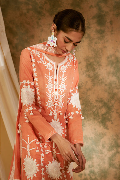 Simar Dugal Sunflower Long Kurta With Pants Pastel Orange indian designer wear online shopping melange singapore