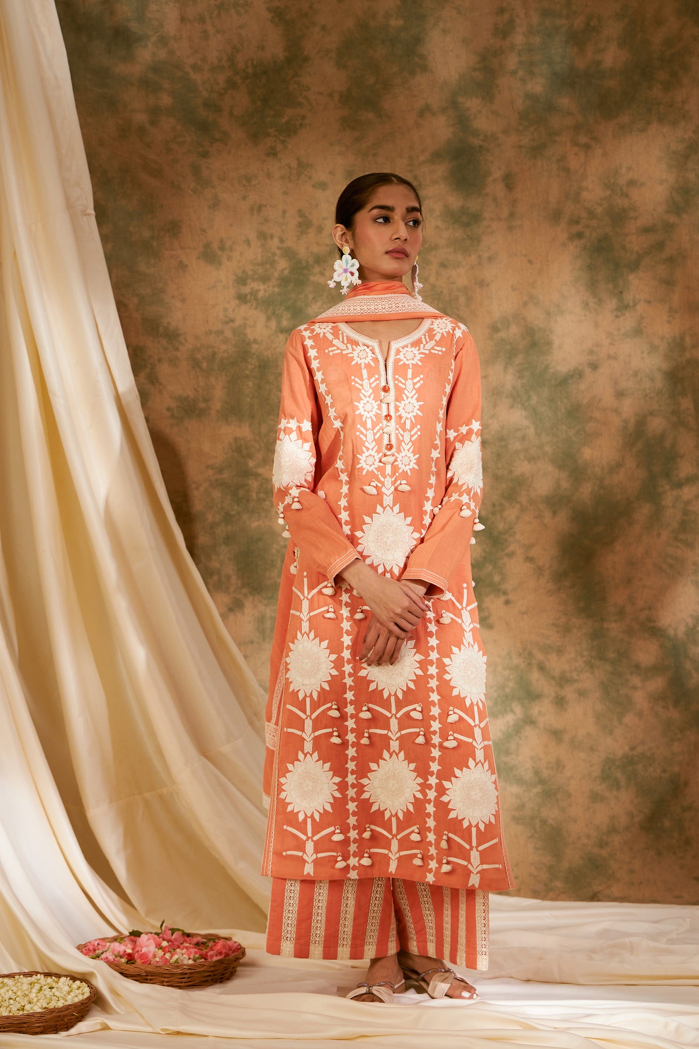 Simar Dugal Sunflower Long Kurta With Pants Pastel Orange indian designer wear online shopping melange singapore