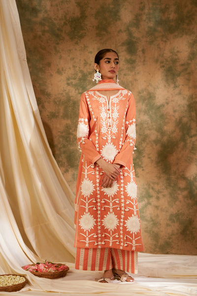 Simar Dugal Sunflower Long Kurta With Pants Pastel Orange indian designer wear online shopping melange singapore