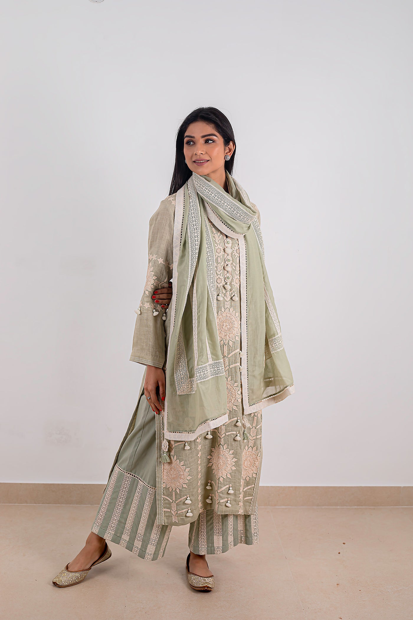Simar Dugal Sunflower Long Kurta With Pants Sea Green indian designer wear online shopping melange singapore