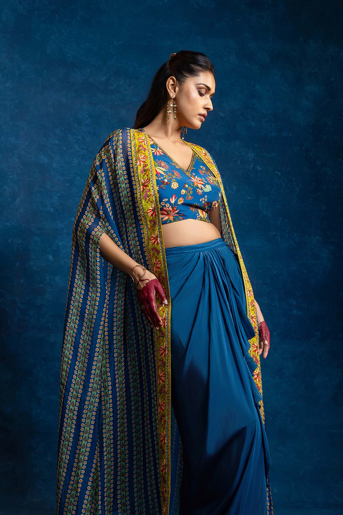 Sougat Paul Aarani Embellished  Drape Skirt  Set With Long Cape indian designer wear online shopping melange singapore 
