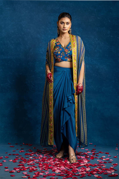 Sougat Paul Aarani Embellished  Drape Skirt  Set With Long Cape indian designer wear online shopping melange singapore 
