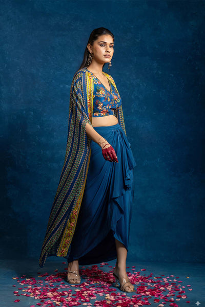 Sougat Paul Aarani Embellished  Drape Skirt  Set With Long Cape indian designer wear online shopping melange singapore 
