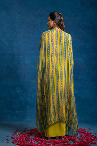 Sougat Paul Aarani Embellished  Drape Skirt  Set With Long Cape Yellow indian designer wear online shopping melange singapore 
