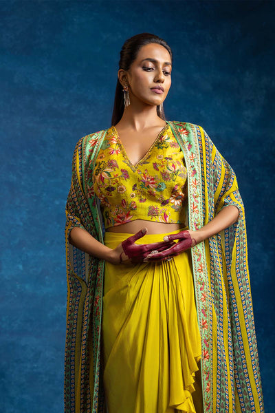 Sougat Paul Aarani Embellished  Drape Skirt  Set With Long Cape Yellow indian designer wear online shopping melange singapore 
