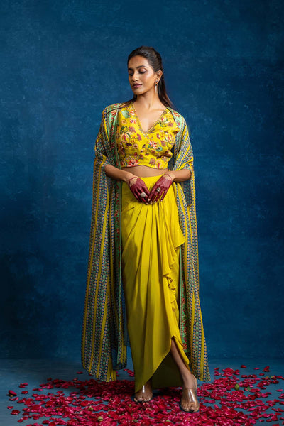 Sougat Paul Aarani Embellished  Drape Skirt  Set With Long Cape Yellow indian designer wear online shopping melange singapore 
