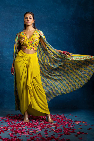 Sougat Paul Aarani Embellished  Drape Skirt  Set With Long Cape Yellow indian designer wear online shopping melange singapore 
