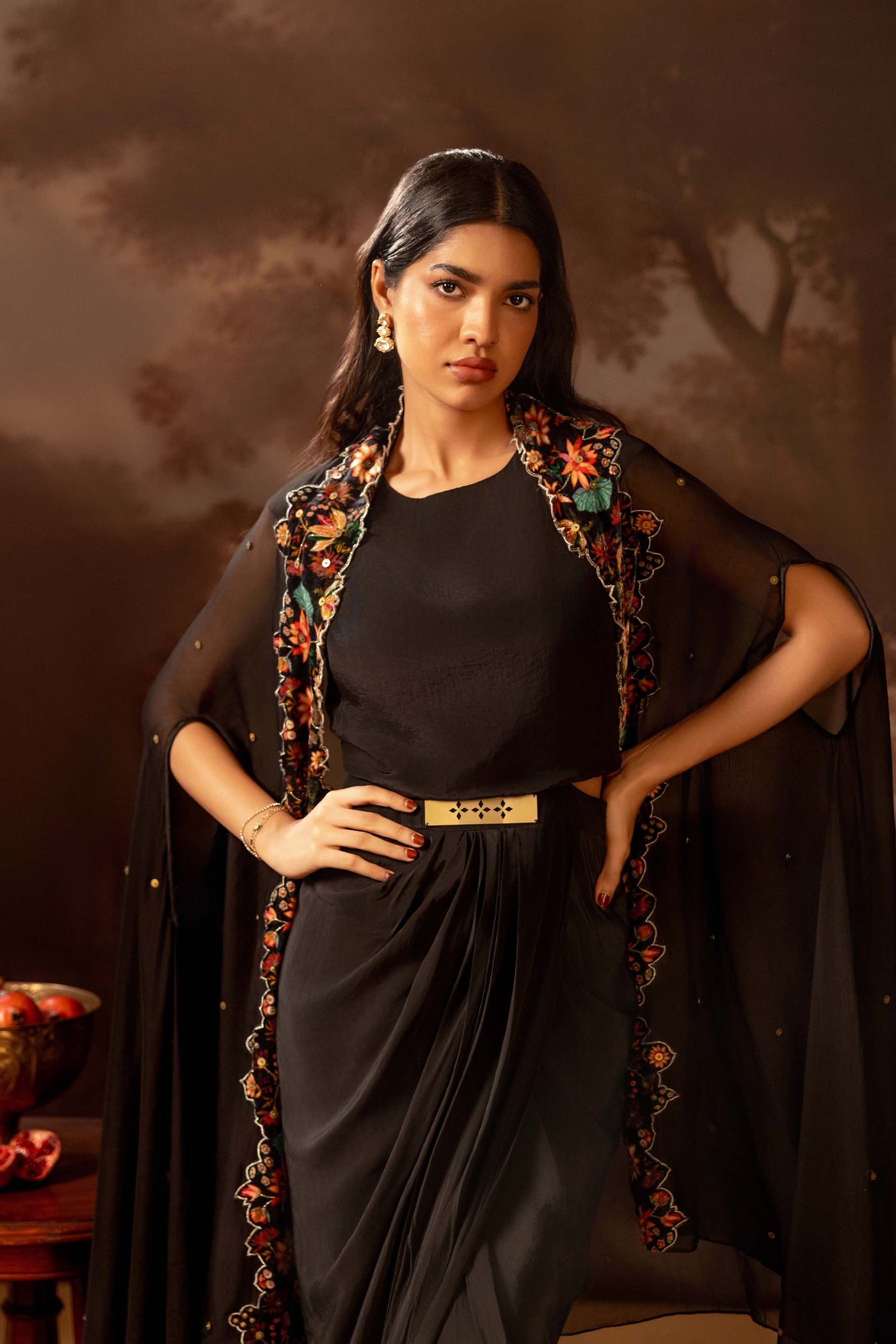 Sougat Paul Aarani Embroidered Drape Dress Set Black indian designer wear online shopping melange singapore