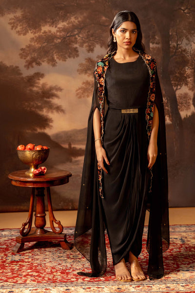 Sougat Paul Aarani Embroidered Drape Dress Set Black indian designer wear online shopping melange singapore