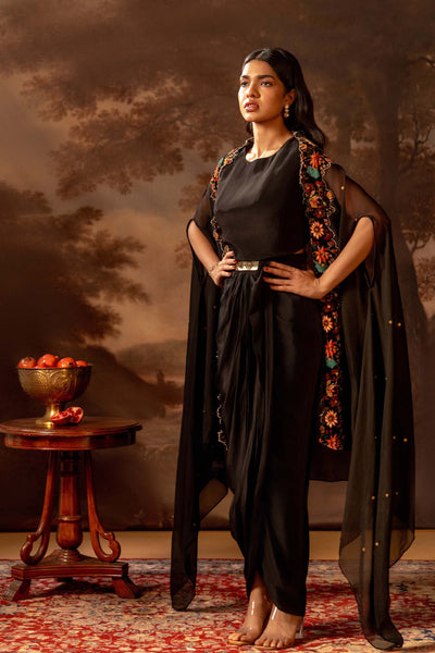 Sougat Paul Aarani Embroidered Drape Dress Set Black indian designer wear online shopping melange singapore