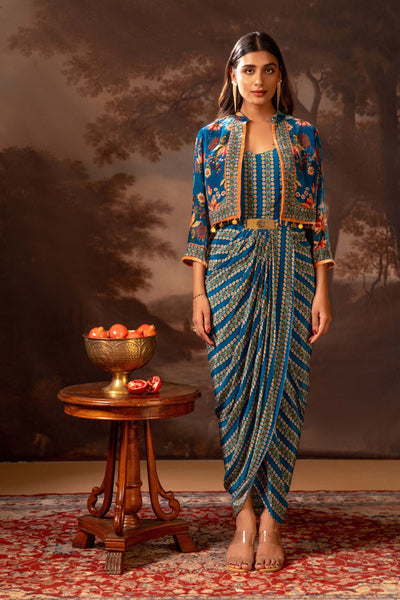 Sougat Paul Aarani Embroidered Drape Dress Set indian designer wear online shopping melange singapore
