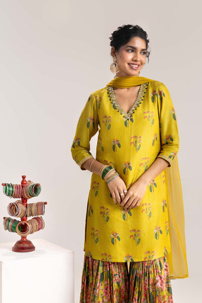 Sougat Paul Aarani Embroidered Sharara Set With A Cape Yellow indian designer wear online shopping melange singapore