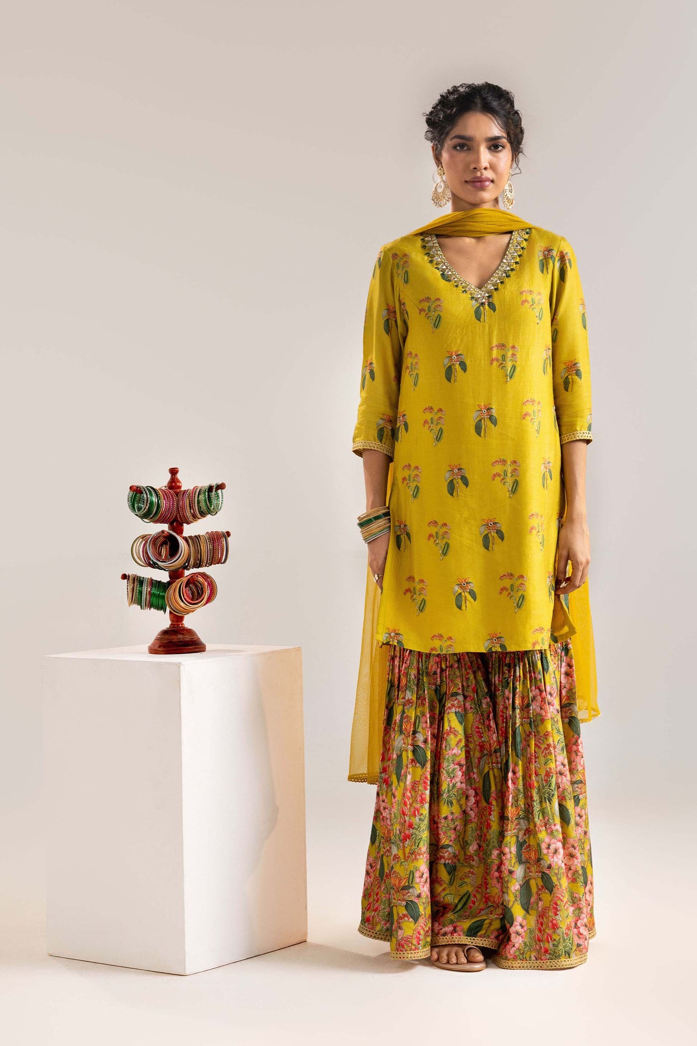 Sougat Paul Aarani Embroidered Sharara Set With A Cape Yellow indian designer wear online shopping melange singapore