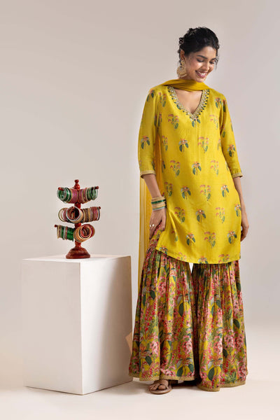 Sougat Paul Aarani Embroidered Sharara Set With A Cape Yellow indian designer wear online shopping melange singapore