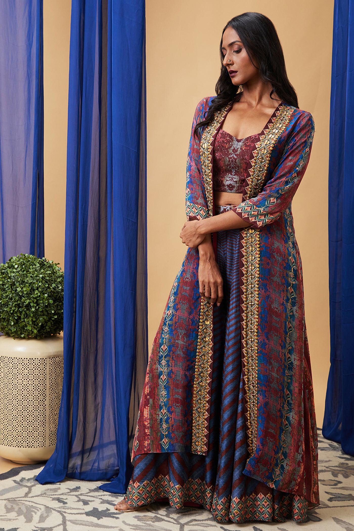 Sougat Paul Adah Embroidered Co-Ord Set With Jacket indian designer wear online shopping melange singapore