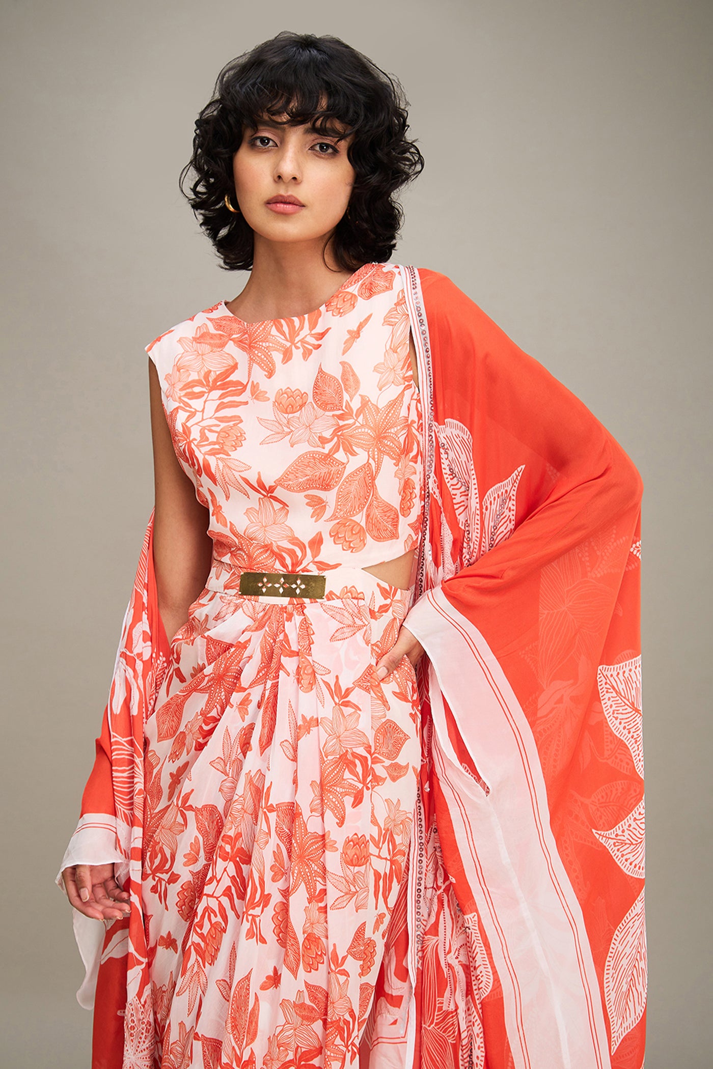 Sougat Paul Ahyana Printed Drape Dress With Cape indian designer wear online shopping melange singapore