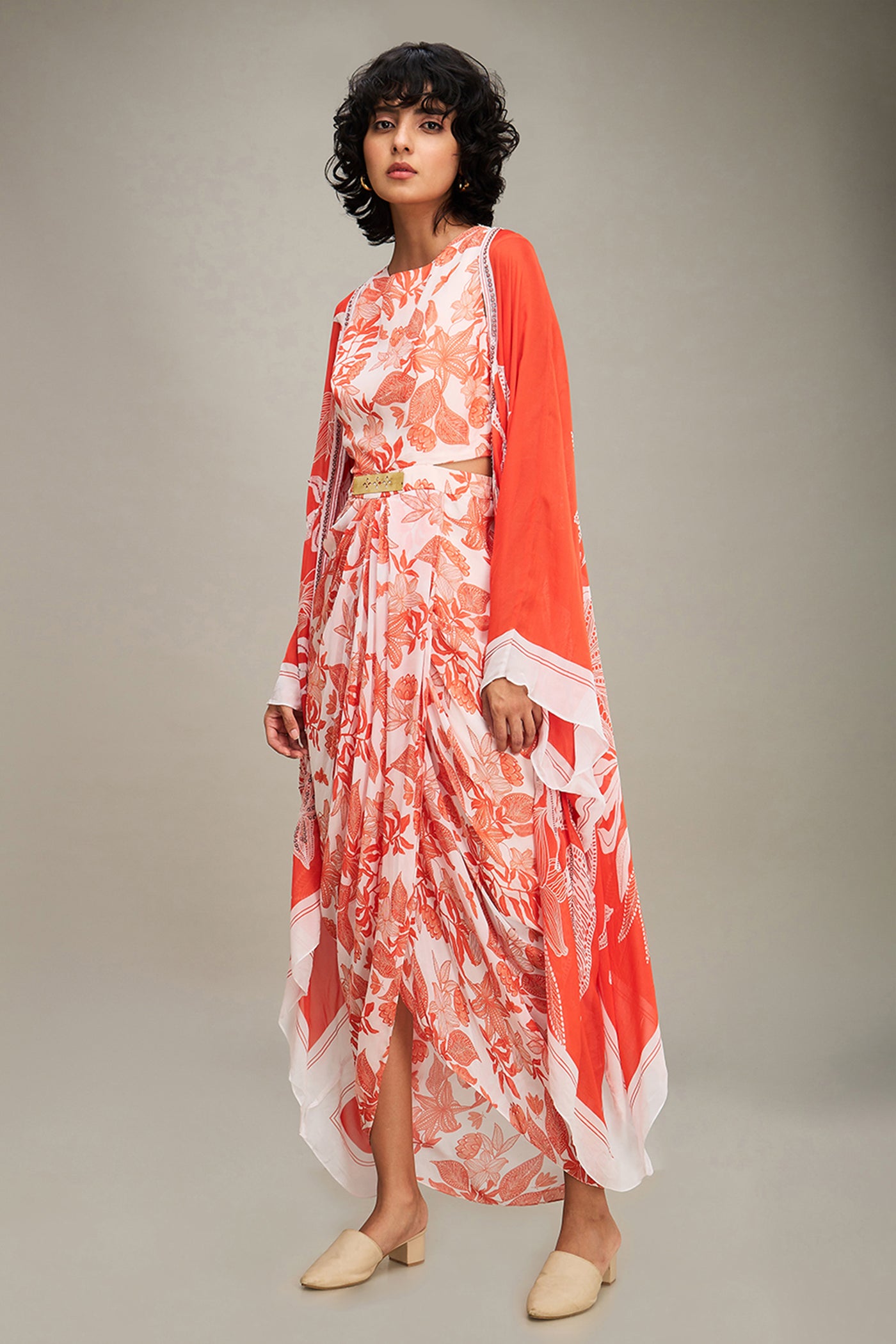 Sougat Paul Ahyana Printed Drape Dress With Cape indian designer wear online shopping melange singapore