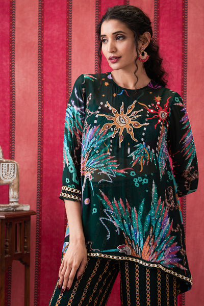 Sougat Paul Aisha Printed Co-ord Set With Organza Top indian designer wear online shopping melange singapore