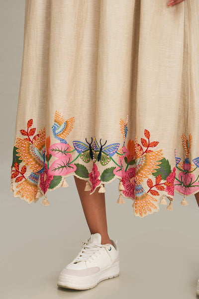 Sougat Paul Avian Canopy Embroidered Dress Beige indian designer wear online shopping melange singapore