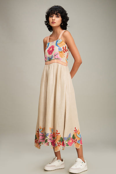 Sougat Paul Avian Canopy Embroidered Dress Beige indian designer wear online shopping melange singapore