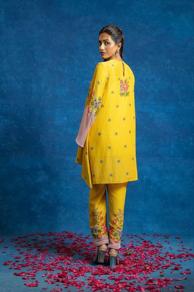 Sougat Paul Baghira Appiqued Kurta Set Yellow indian designer wear online shopping melange singapore 